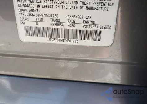 2007 Infiniti G35X из США, поврежденный, VIN JNKBV61F67M801260